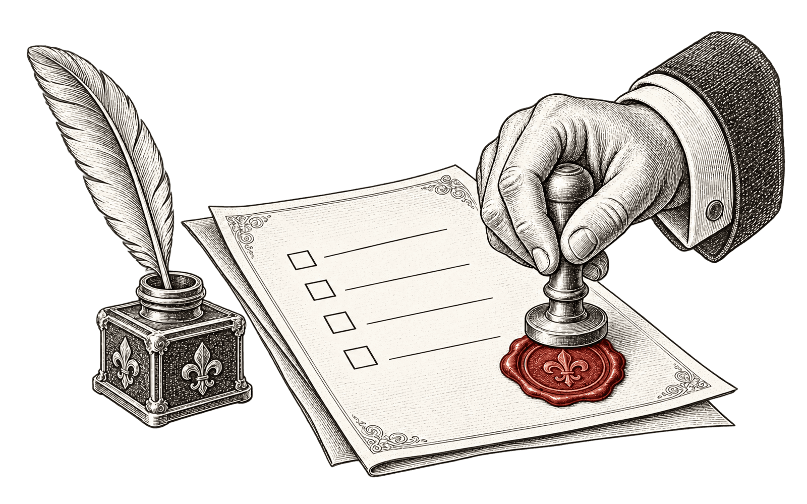 Ilustracja grawerska dłoni dociskającej wypukłą pieczęć woskową do dokumentu kontraktu z pustymi wierszami do odhaczenia, obok kałamarz.